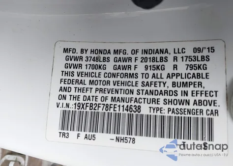 2015 Honda Civic Se from USA, damaged, VIN 19XFB2F78FE114638